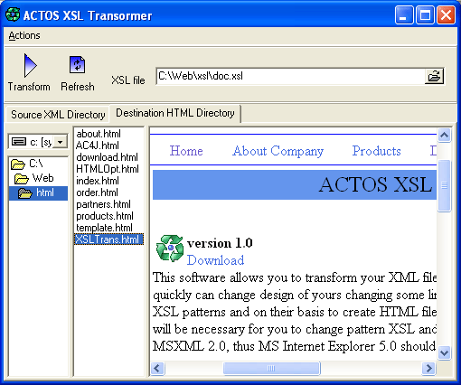 ACTOS XSL Transformer Screenshot